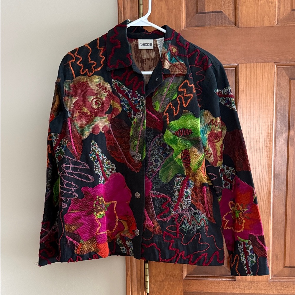 Chico's Black Mixed Media Embroidered Jacket